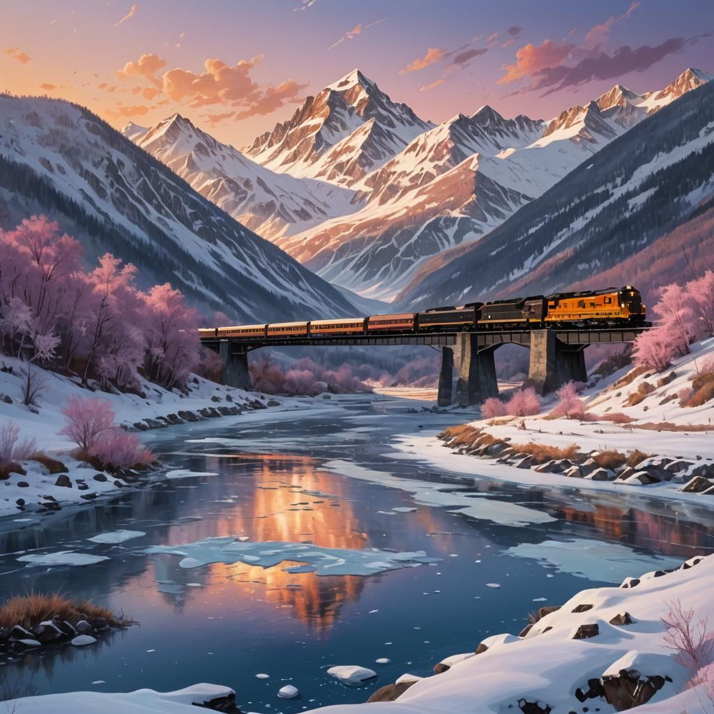 Train Journey Through Frozen Landscape at Sunset