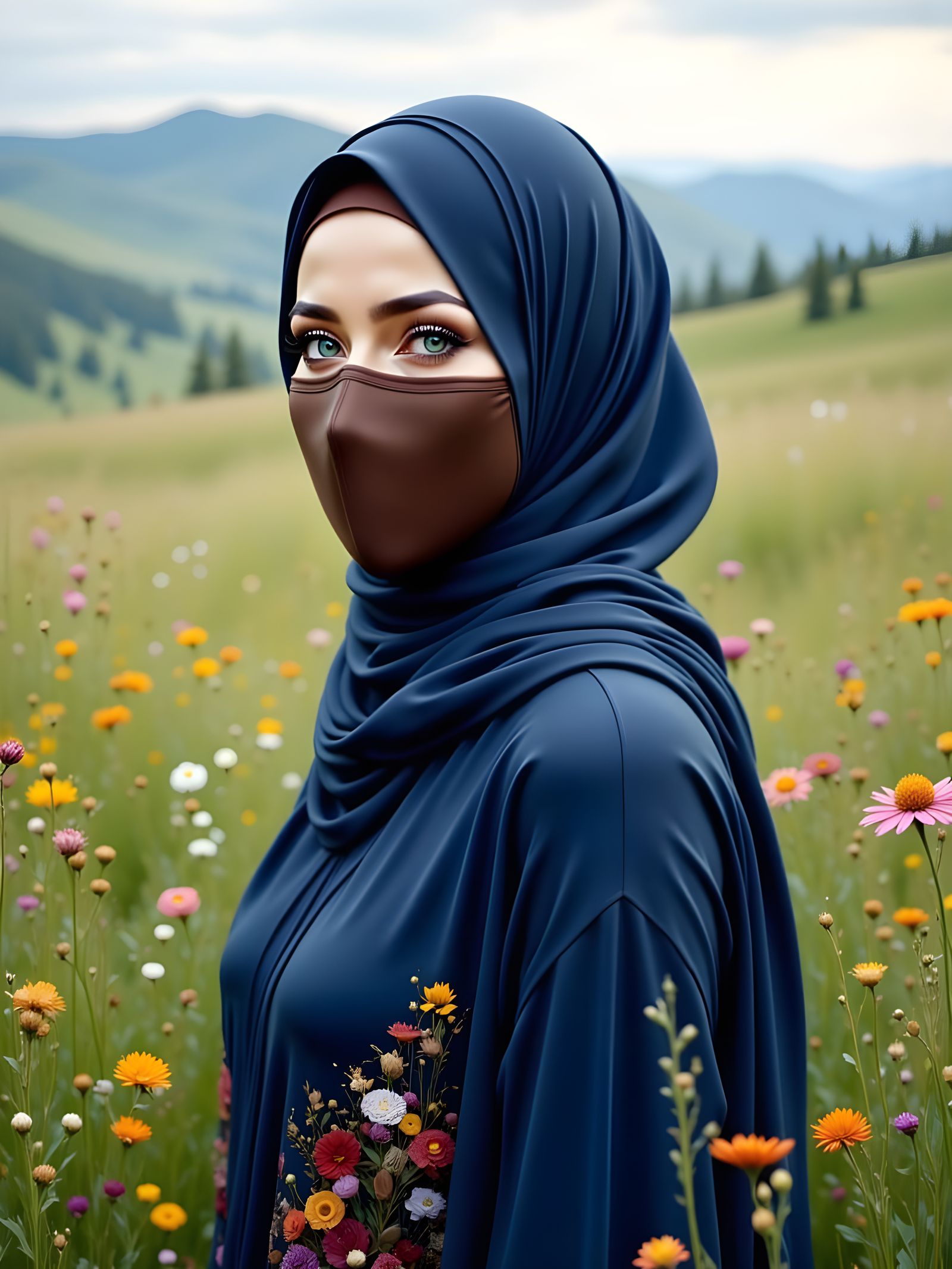 Beautiful Hijabi Woman in Art Nouveau Meadow