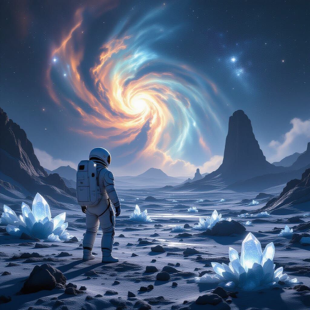 Astronaut Explores Alien Planet With Glowing Crystals
