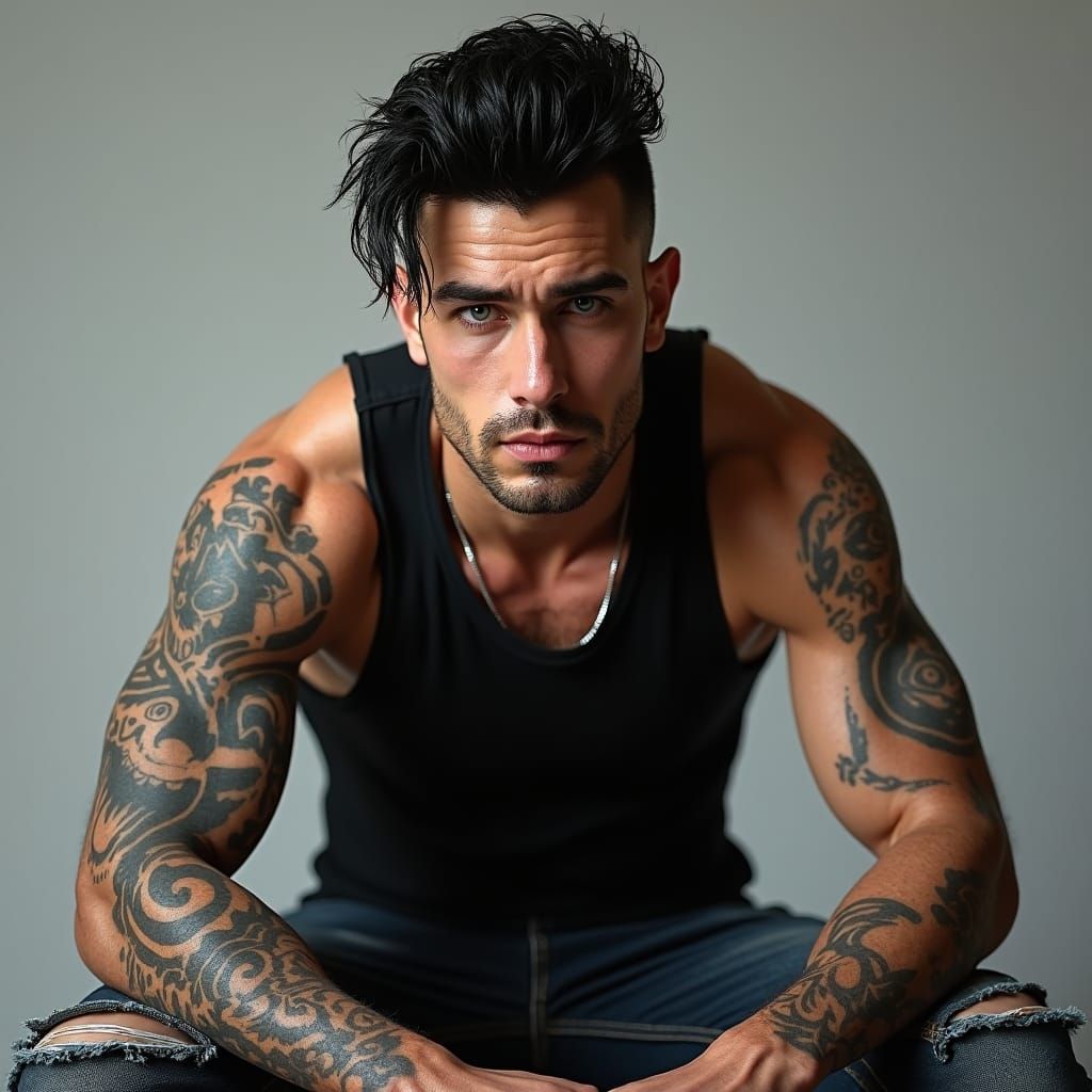 Handsome Tattooed Man in Hyperrealistic Digital Painting