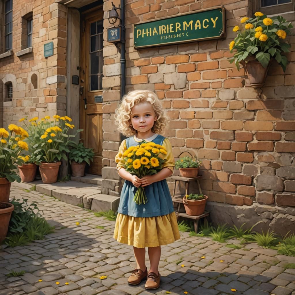 Girl with Dandelions at Vintage Pharmacy