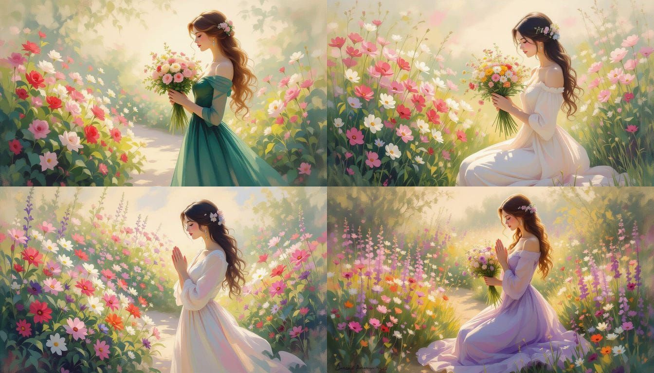 Lady Praying in Flower Garden Painting