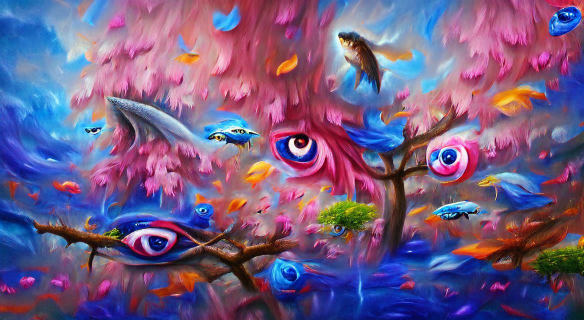 Surreal Tree of Eyes with Flying Fish