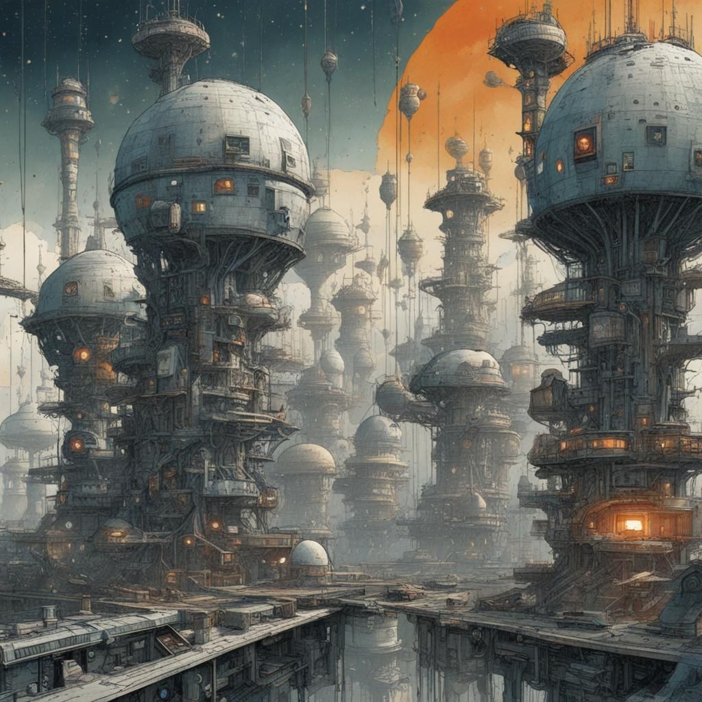 Futuristic Space Colony with Android in Matte Painting Style