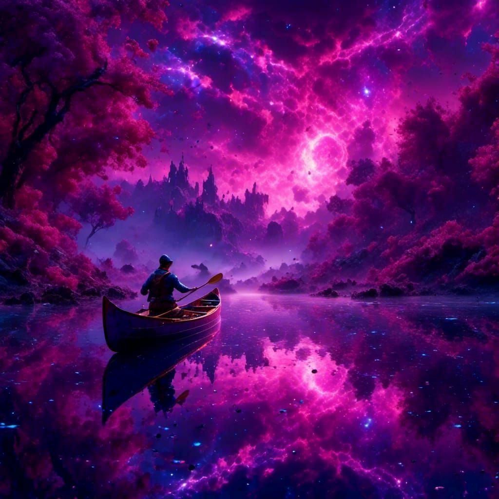 Canoe Under Purple Nebula: Digital Matte Painting