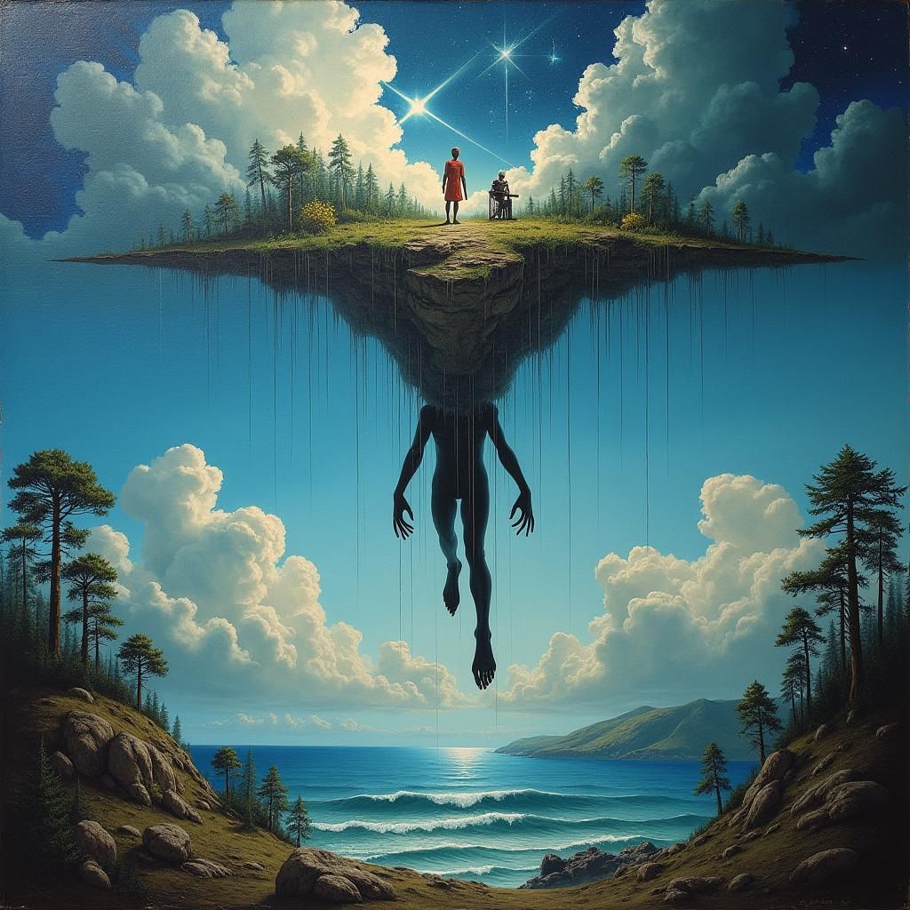 insanely detailed surrealist oil painting of a beautiful lan...