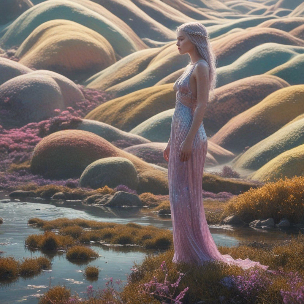 Surreal Figure Explores Vibrant, Dreamlike Landscape