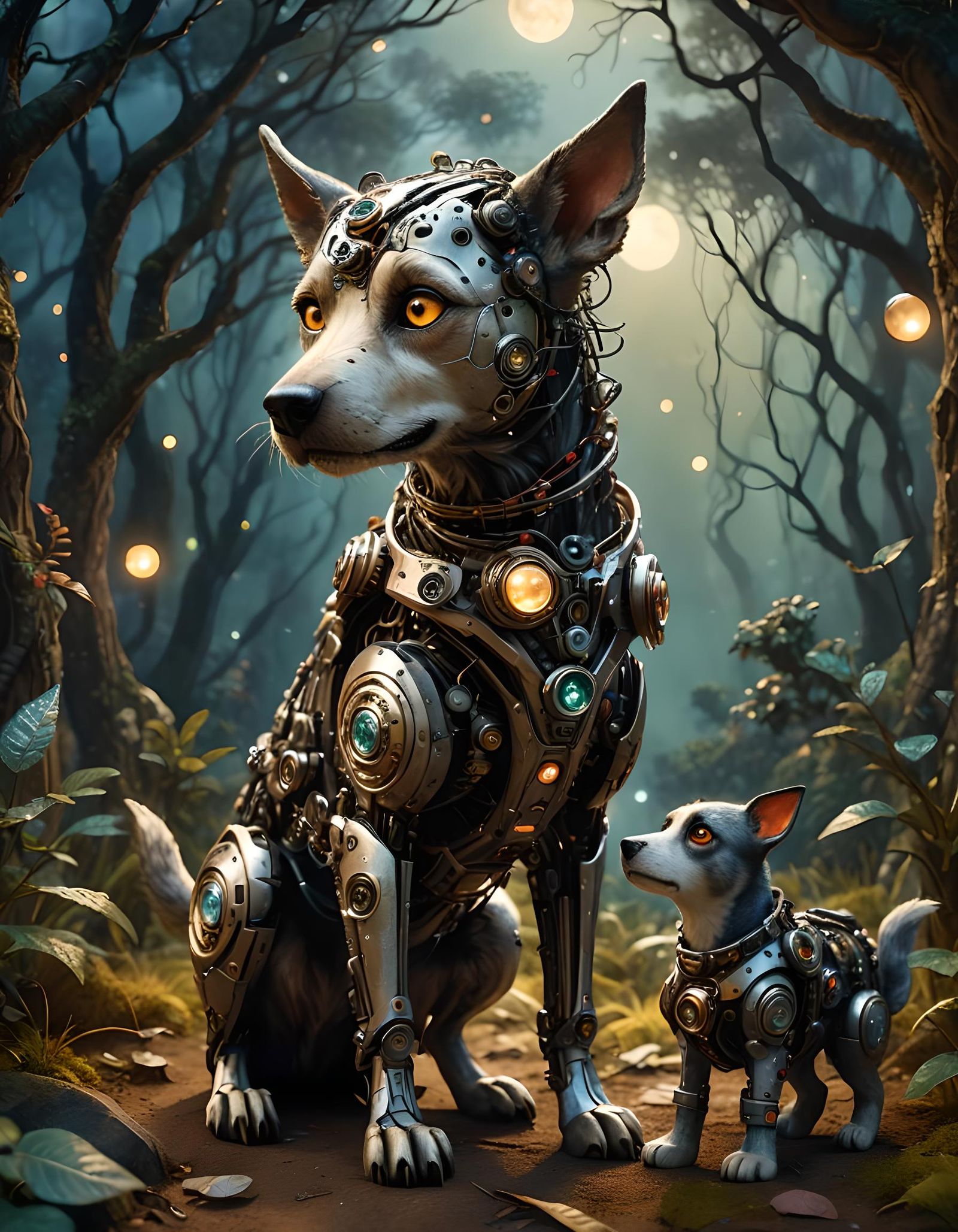 Cyborg Dog Comforting Child, Magical Dark Fantasy Art