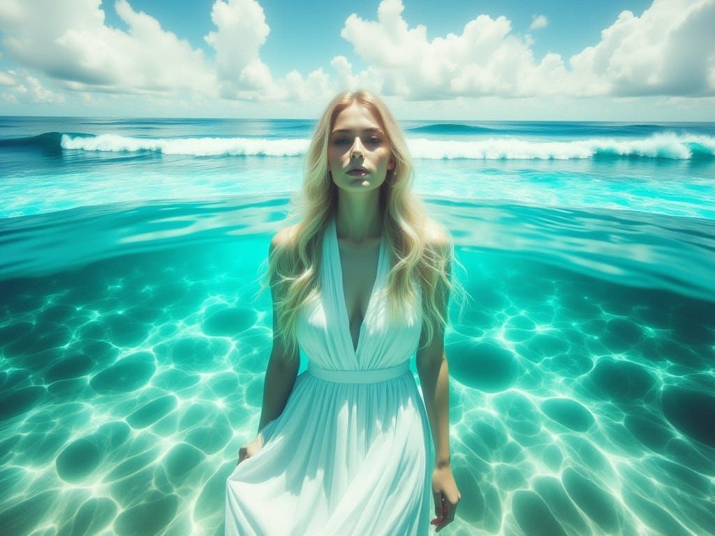 Ocean Double Exposure with Blonde Woman, Digital Art