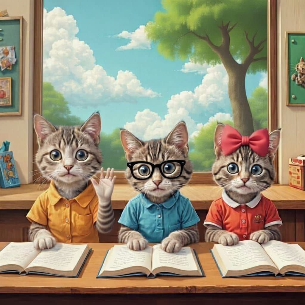 Anthropomorphic Kittens Learning in a Sunny Classroom
