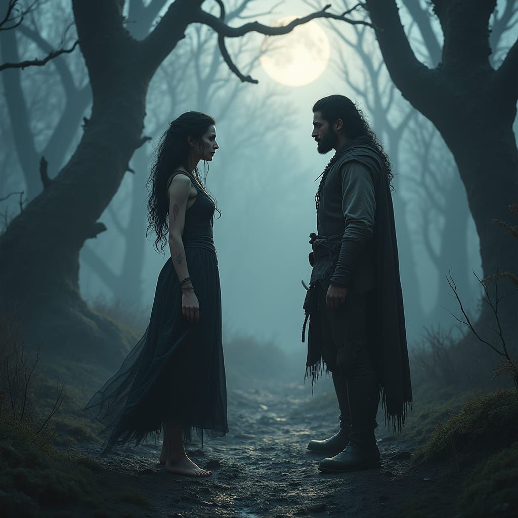 Medieval Moonlit Confrontation in a Misty Forest