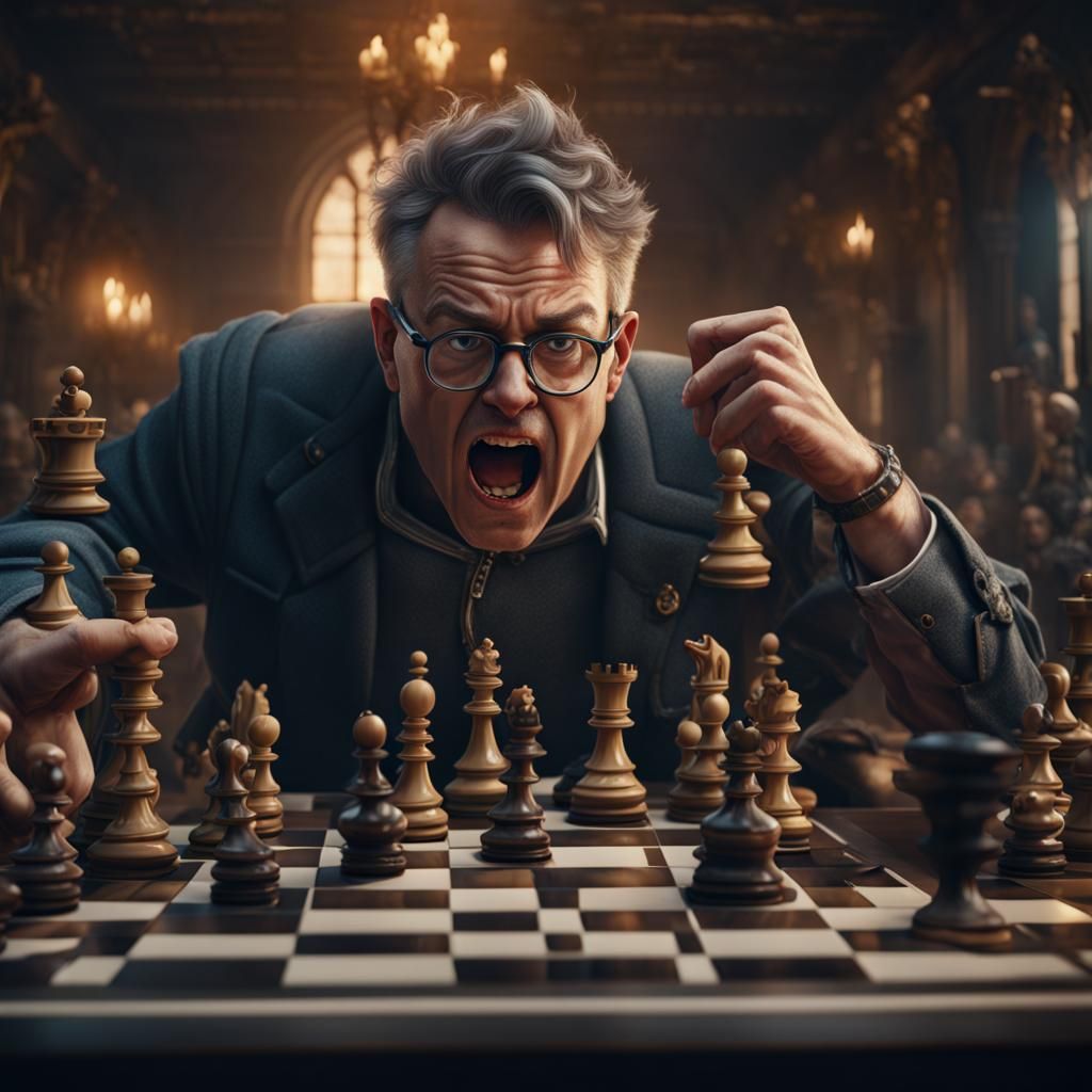 Man Raging at Chessboard in Detailed Matte Painting