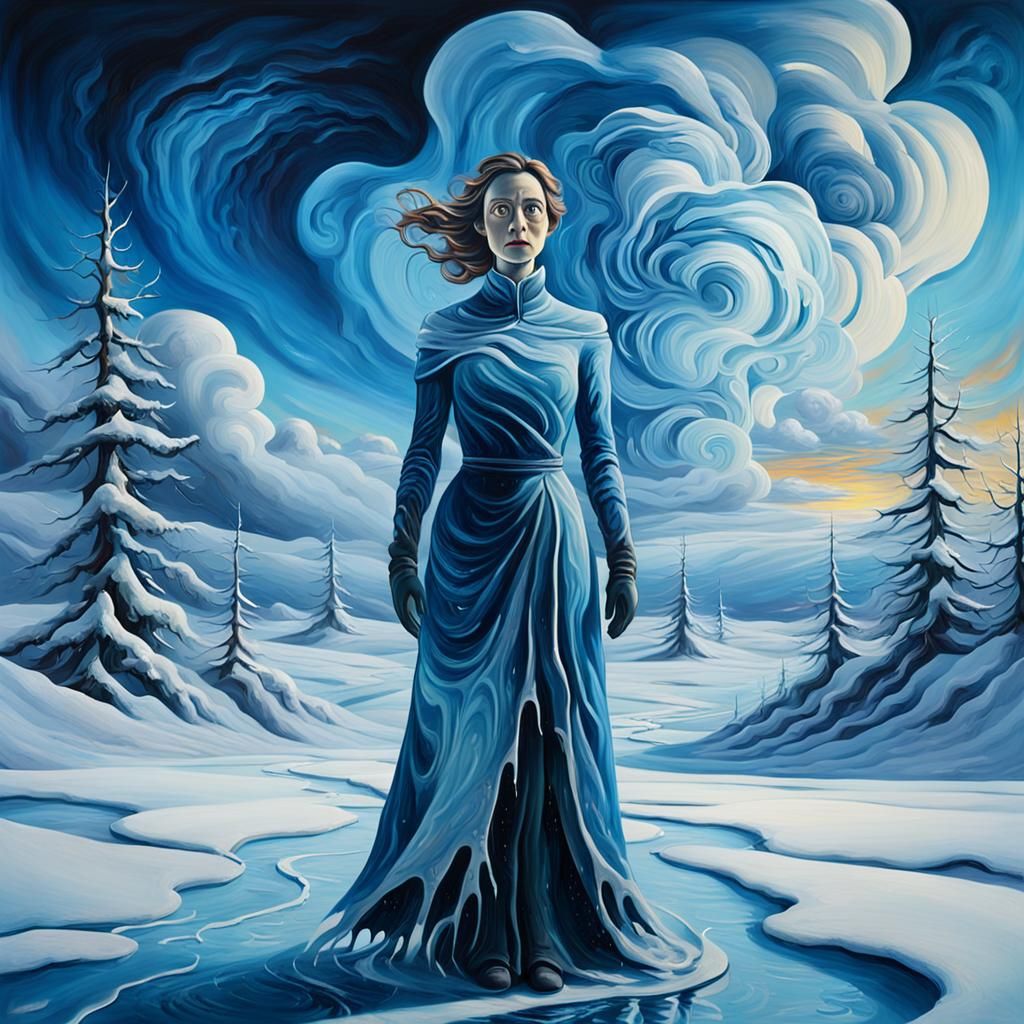 Frozen Woman in Surrealist Winter Landscape