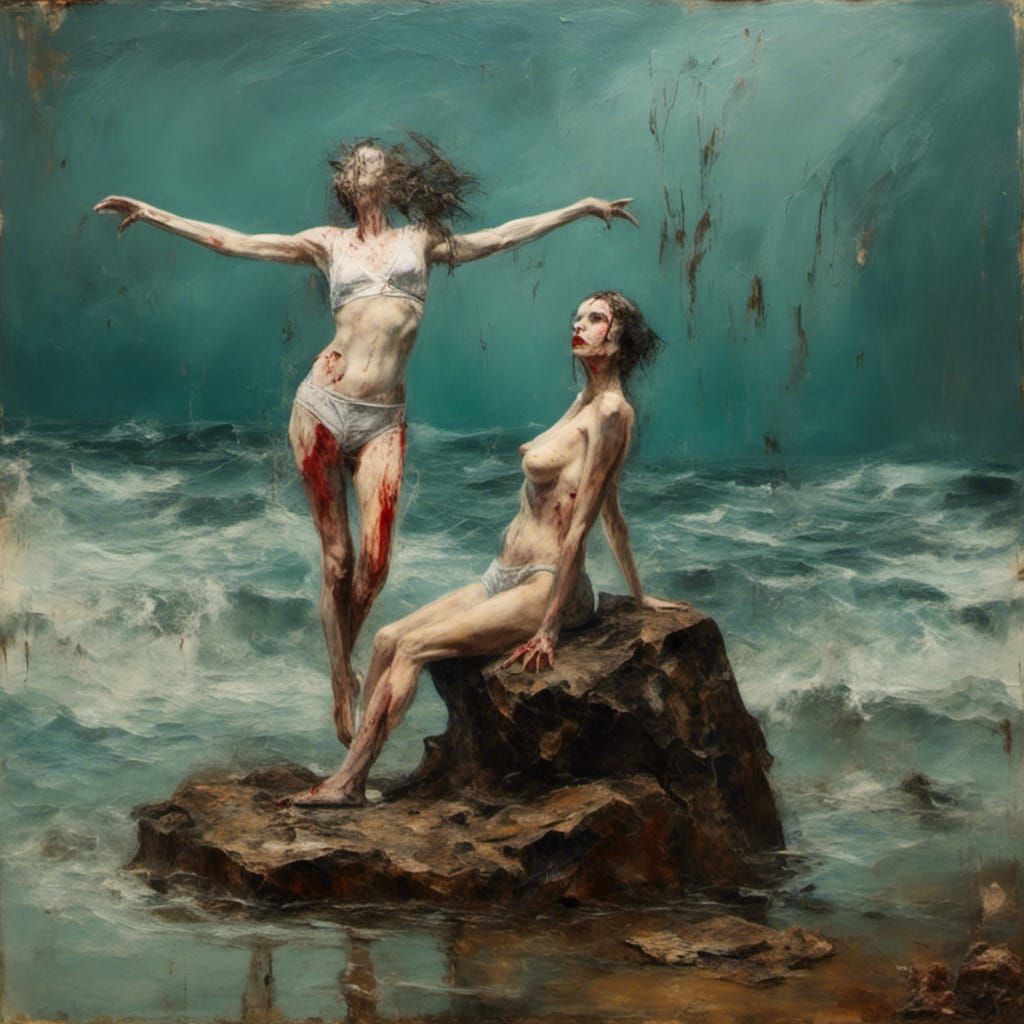Two Women on Rocks in Surrealist Style