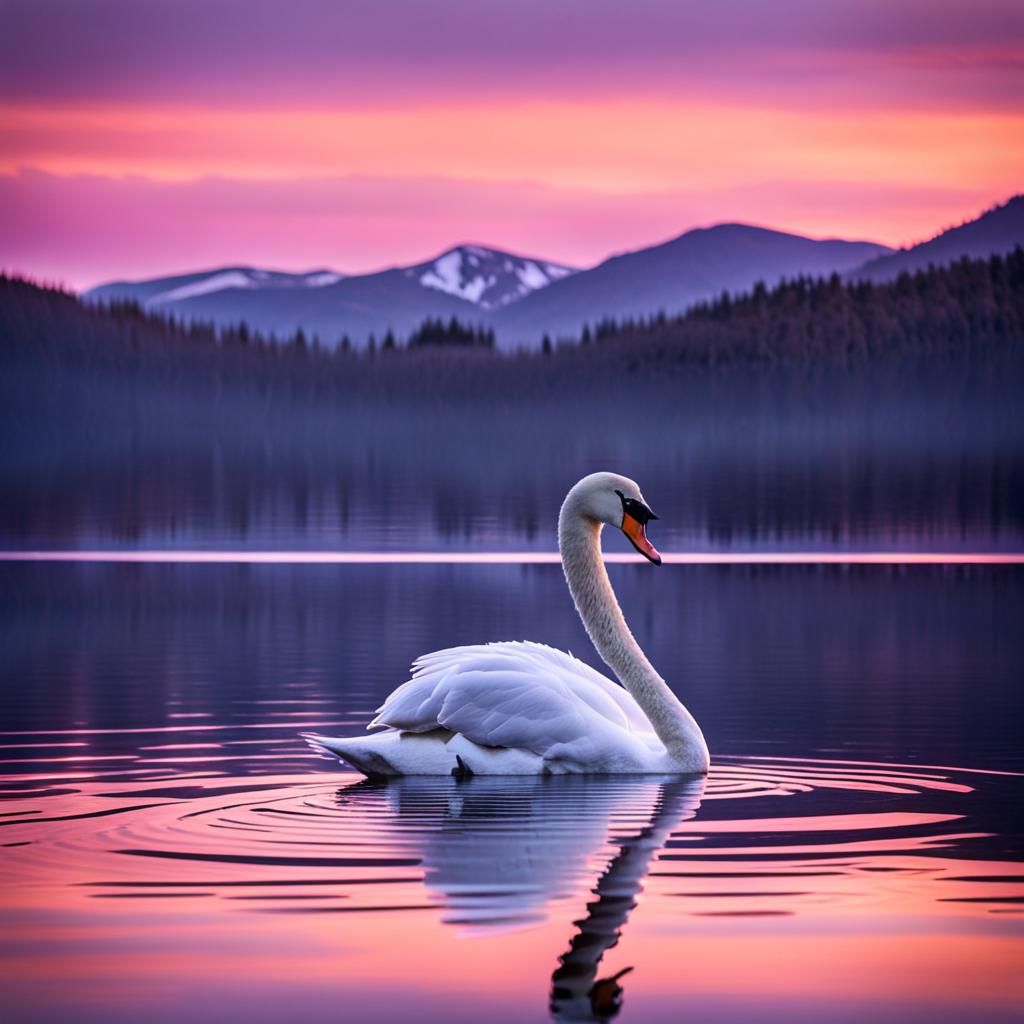 Sunset Serenity: Swan on Mountain Lake