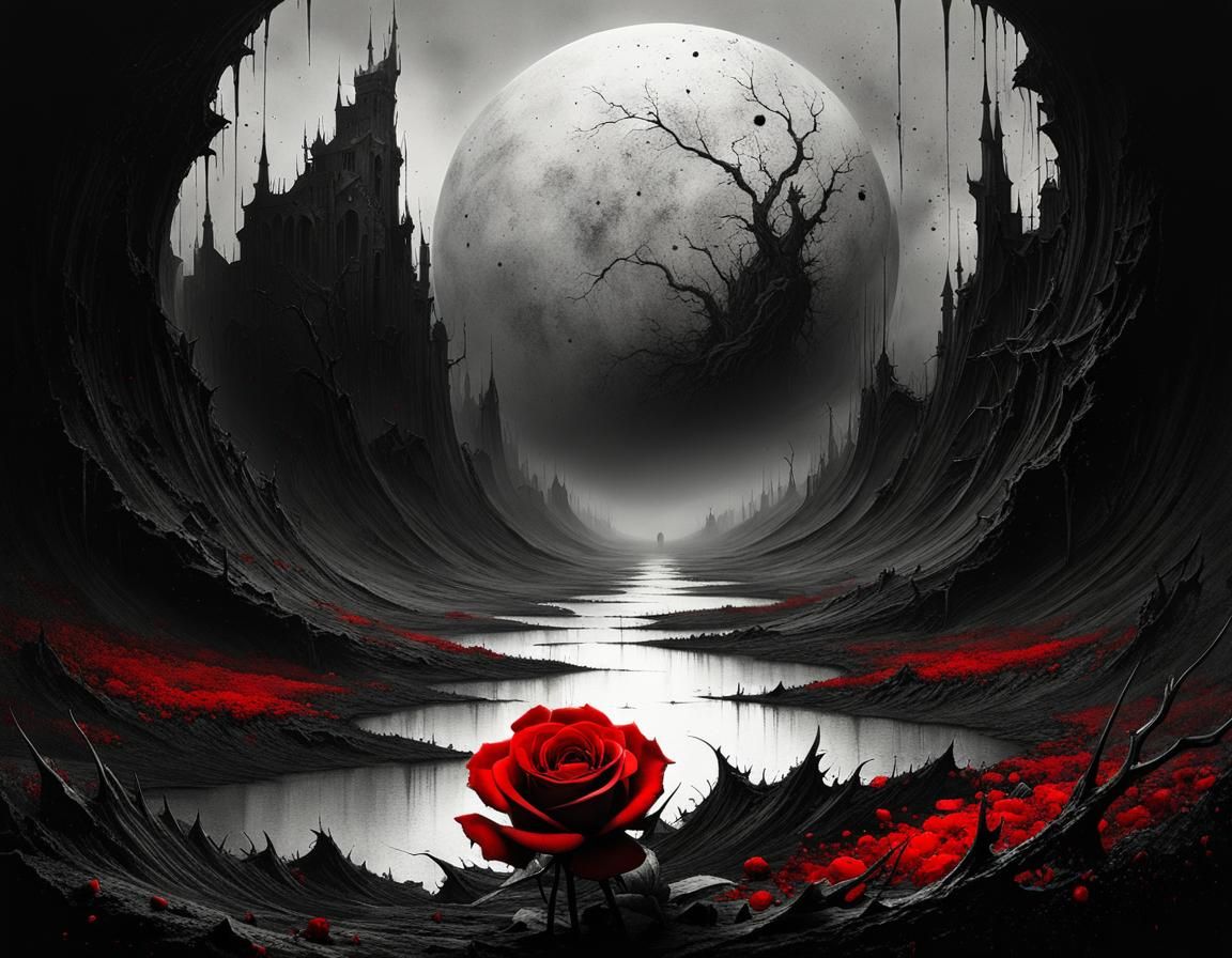War Torn Landscape with Rose: Ink Splash Art