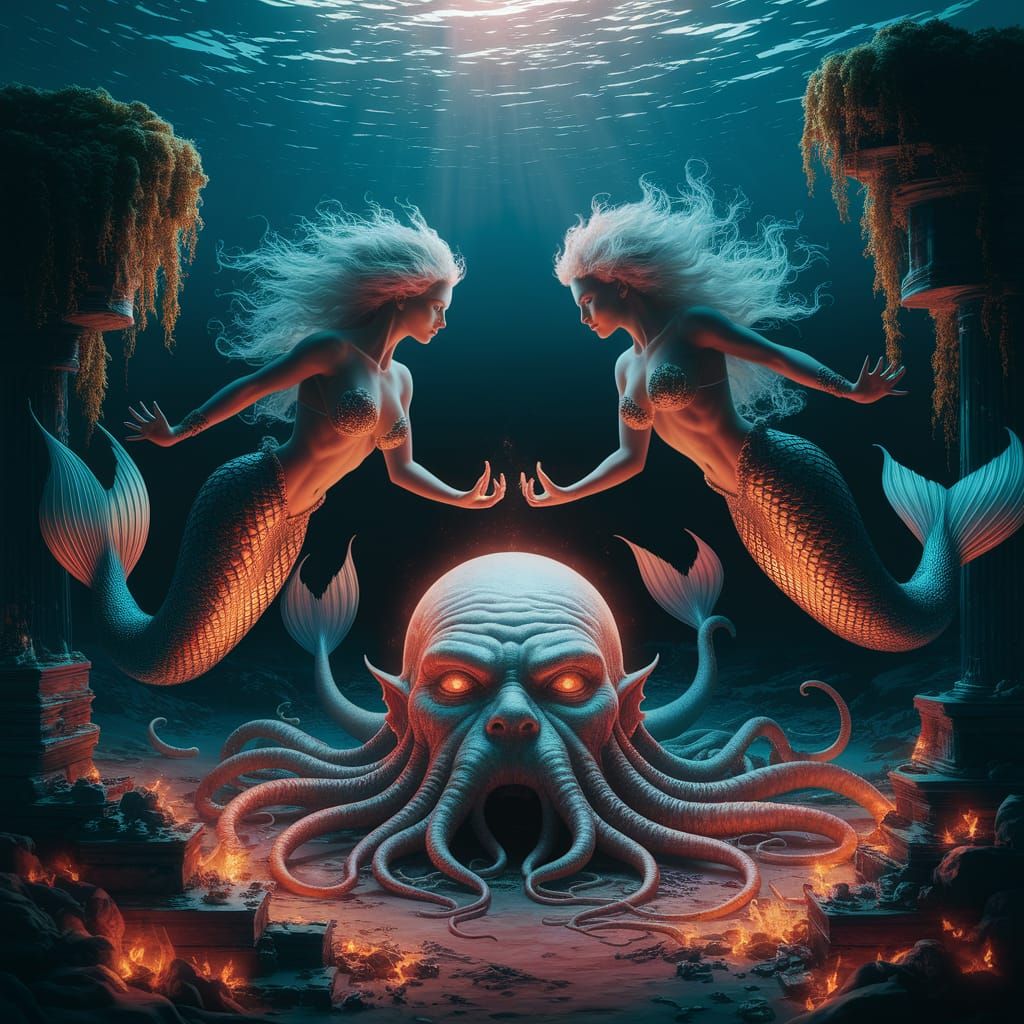 Mermaids Invoke Cthulhu in Twilight Ocean Digital Art