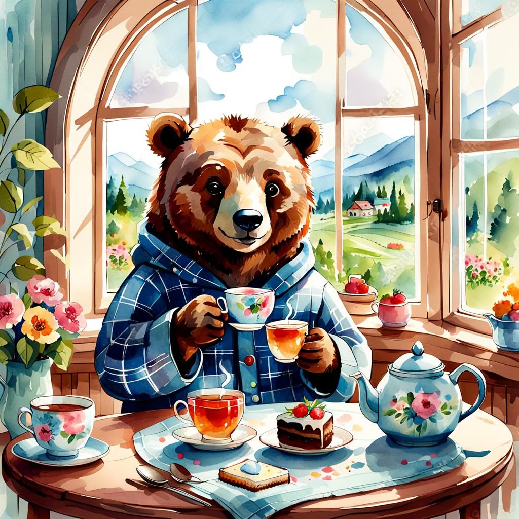 Smiling Bear Cub Enjoying Tea: Digital Watercolor Illustrati...