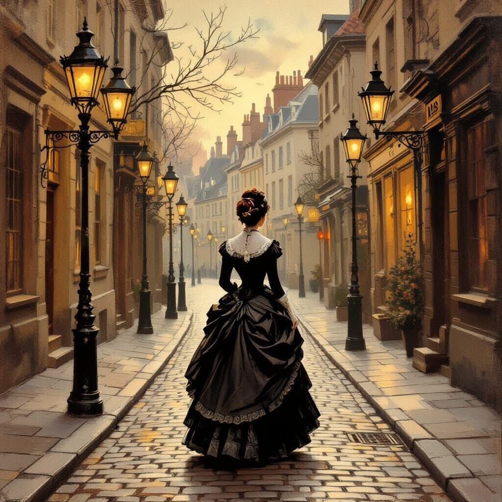Woman in 1800s Dress on Cobblestone Street