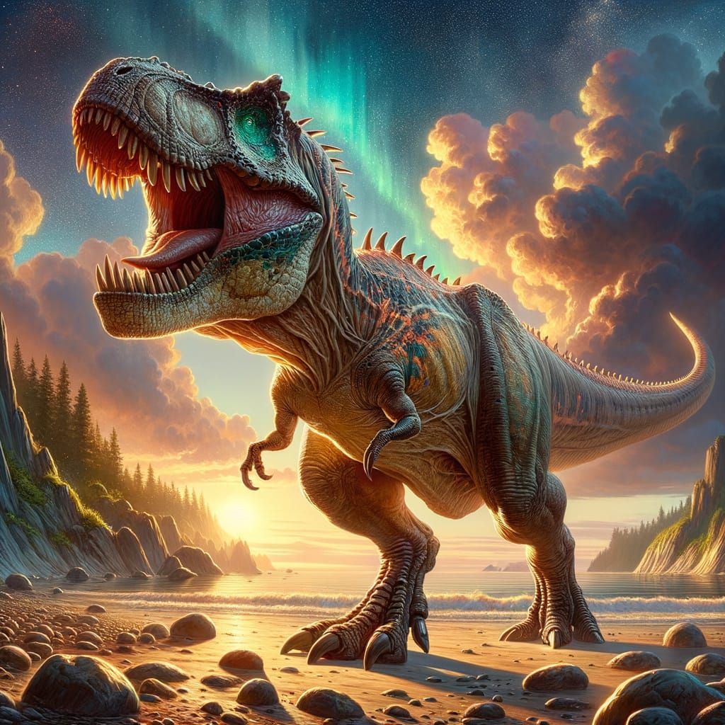 Monstrous T-Rex Roars in Romantic Landscape