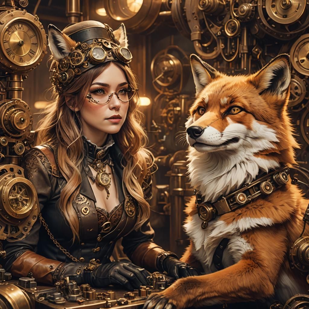 Steampunk Fox and Wolf with Clockwork Mechanisms