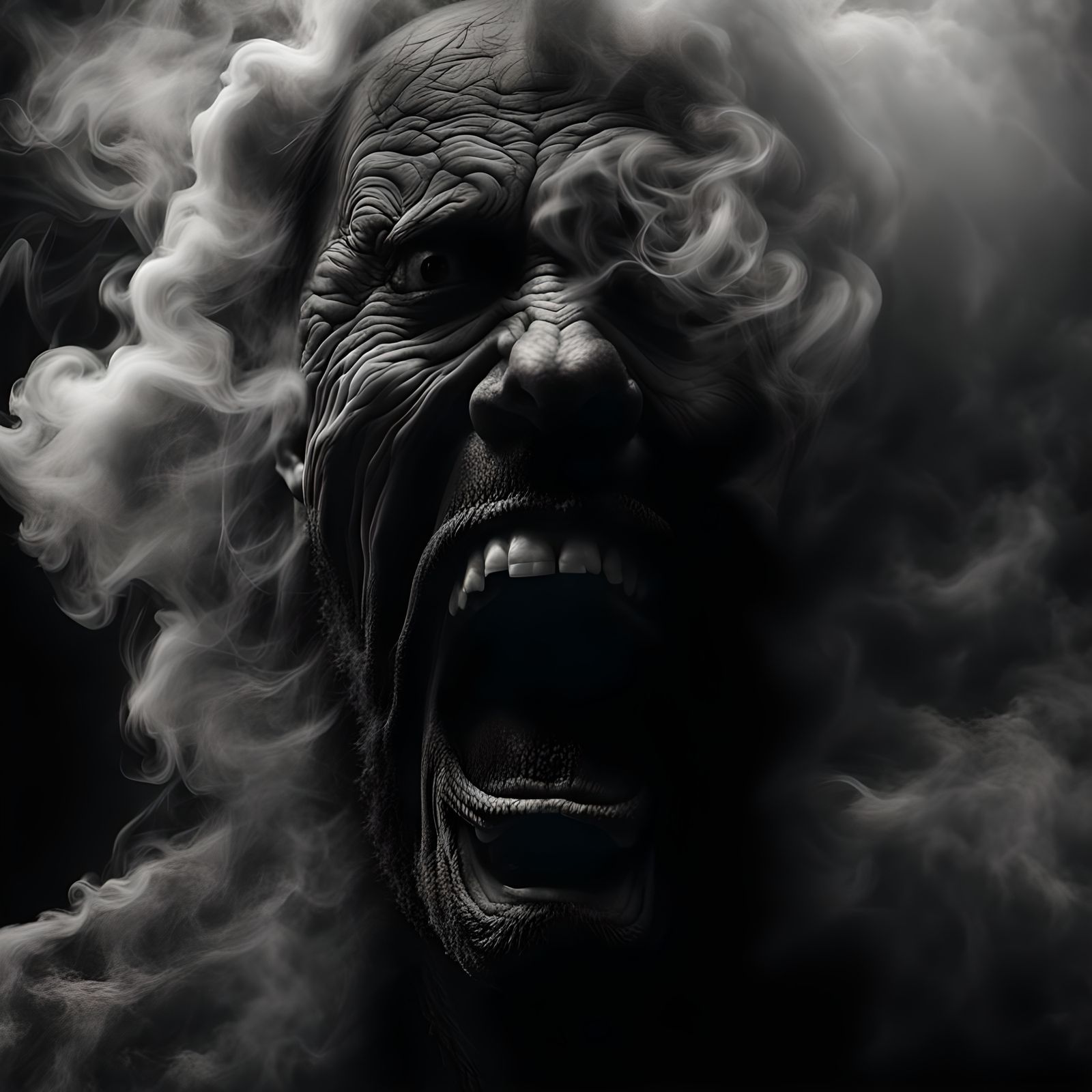 Screaming Mouth Emerges from Smoke: Dark Realistic Art