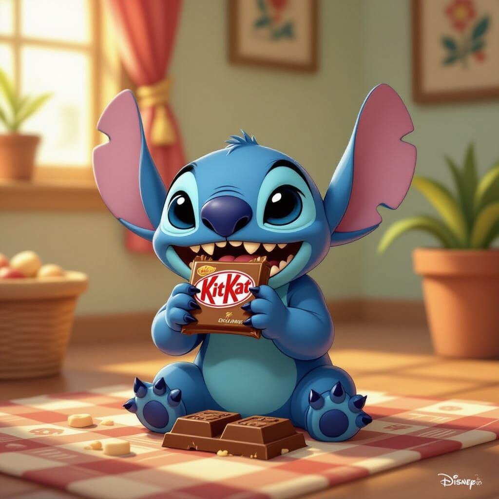 Stitch Enjoys a KitKat in Vibrant Cartoon Style