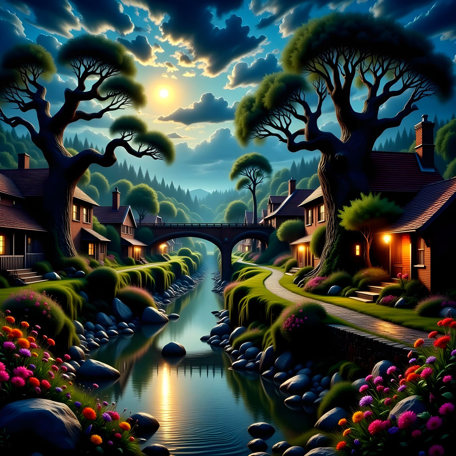 The river  curves through the village  and the moon is full