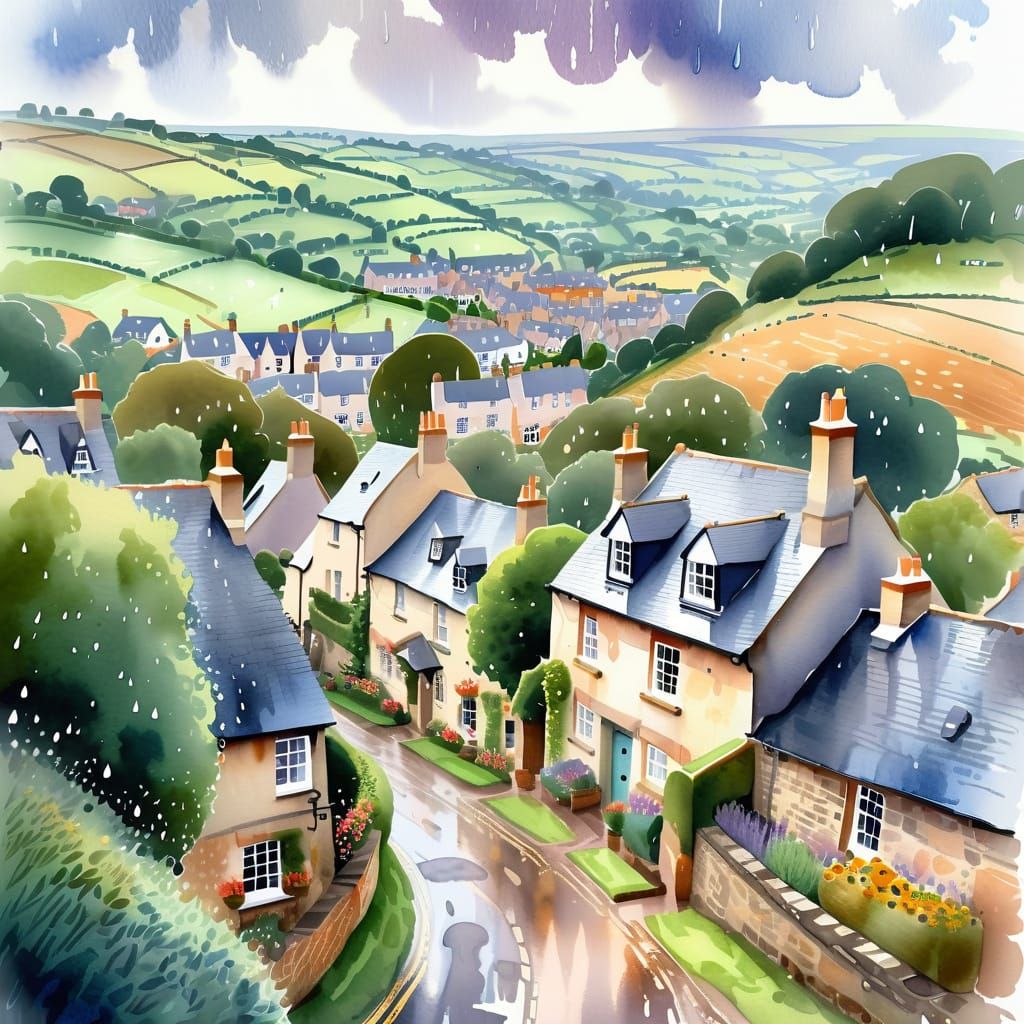 Watercolor Aerial View of Quaint English Village