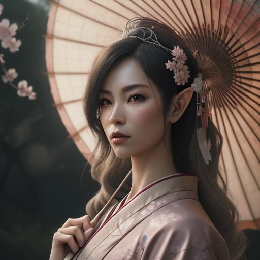 Surreal Fantasy Geisha Illuminated by Cherry Blossoms