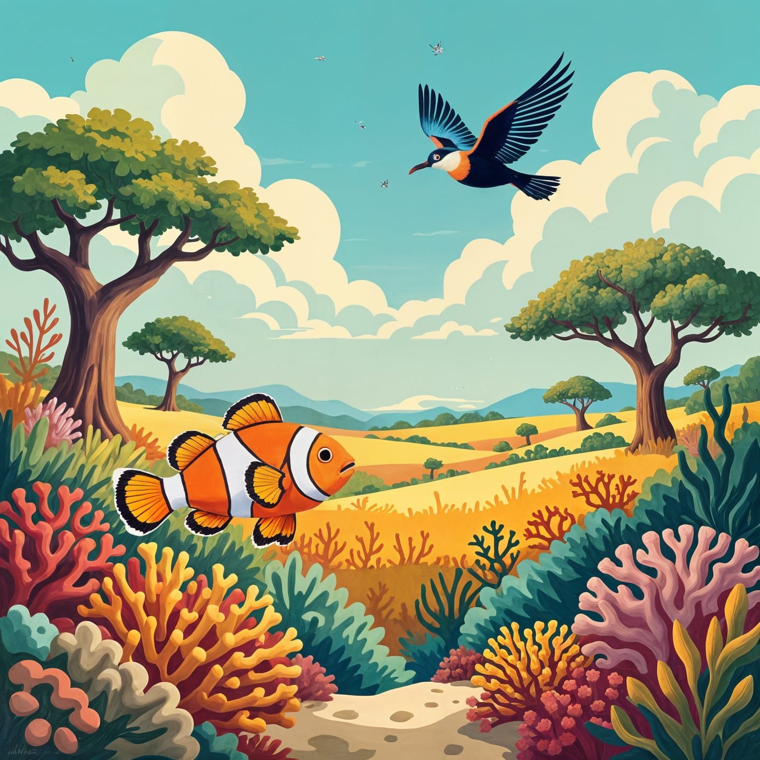 Coral reef in hilly landscape