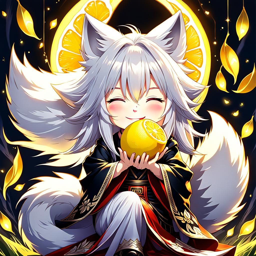 Chibi Kitsune Girl Hugging Lemon in Auroracore Style