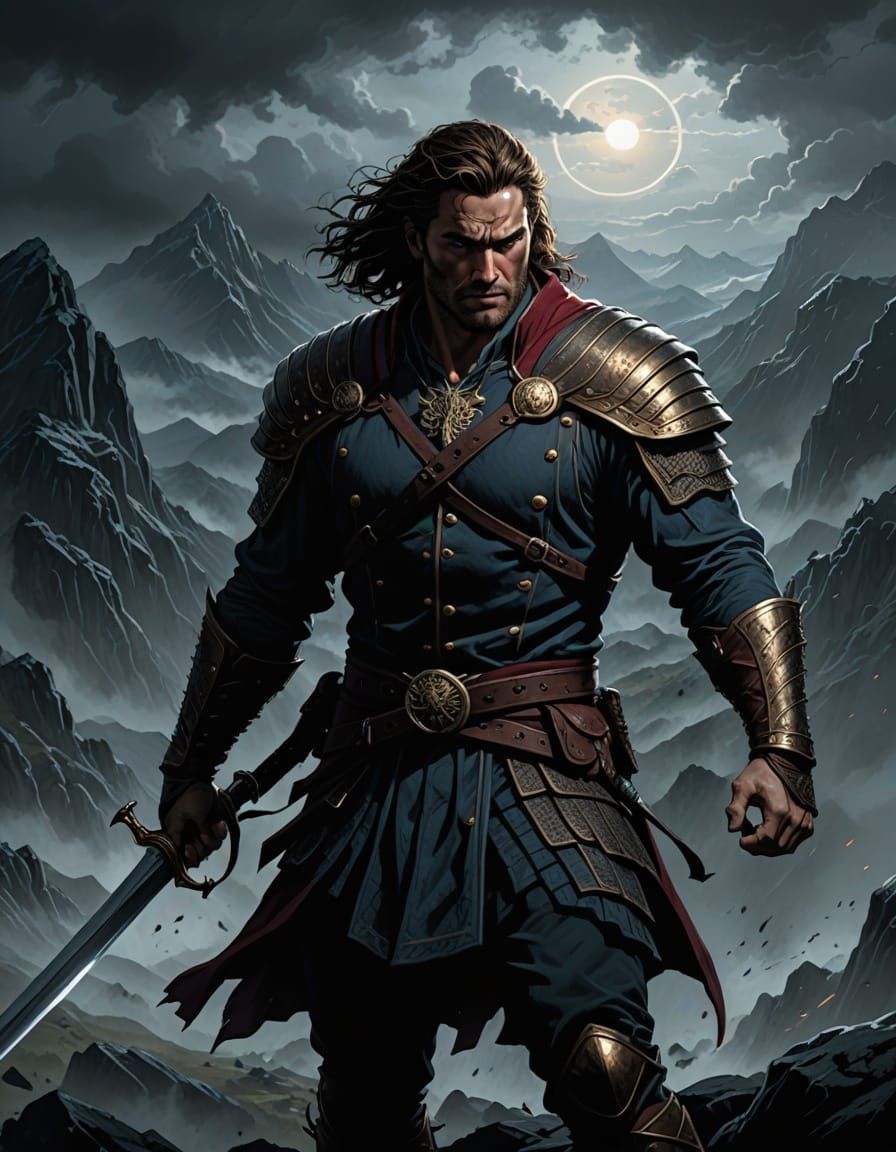 Highlander Standing Victorious on Misty Mountain Peak in Epi...