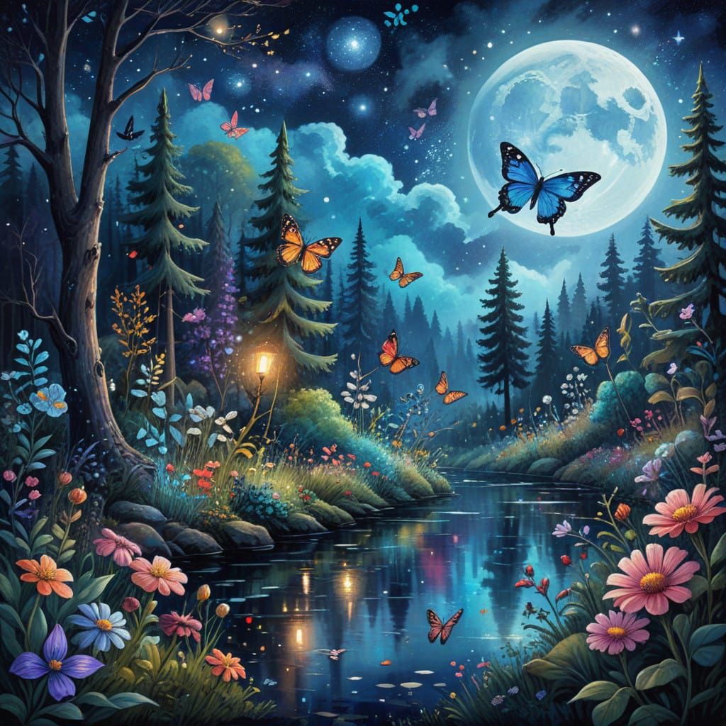 Dreamy Gouache Forest Under Full Moon in Impressionist Style