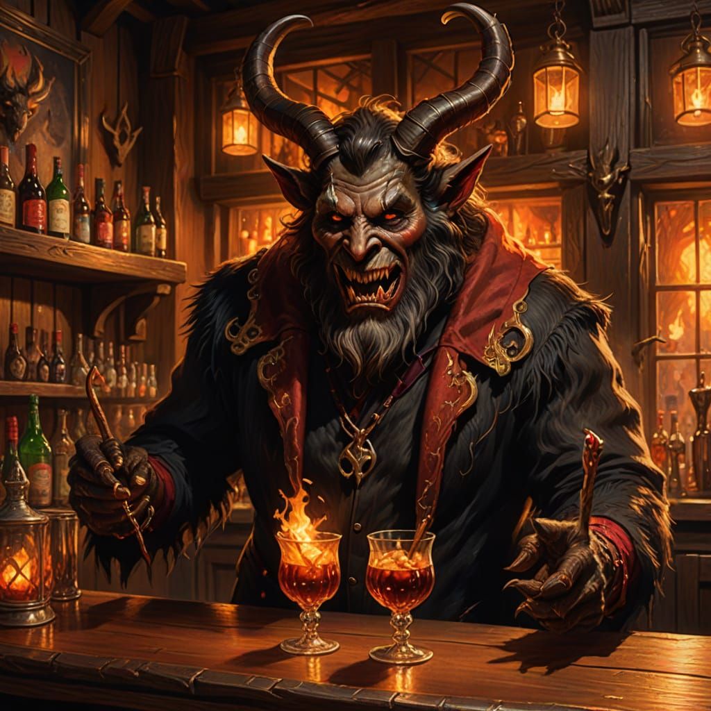 Krampus as Bartender in Dark Fantasy Oil Painting