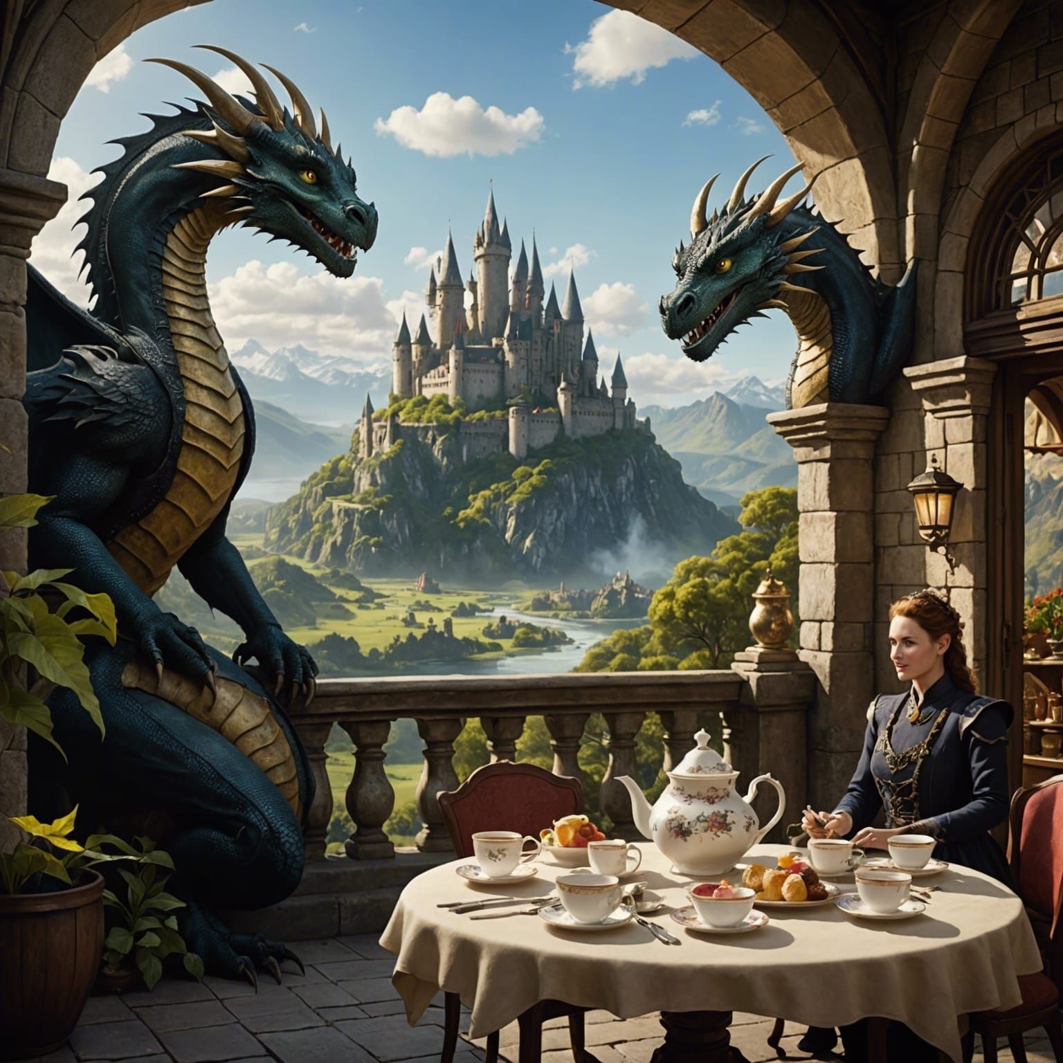 Dragons Enjoying High Tea: Matte Painting
