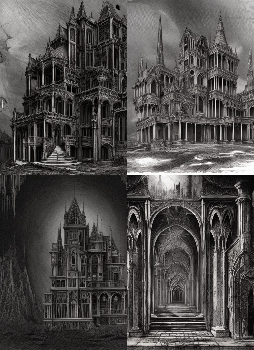 Dystopian Gothic Mansion Copper Engraving
