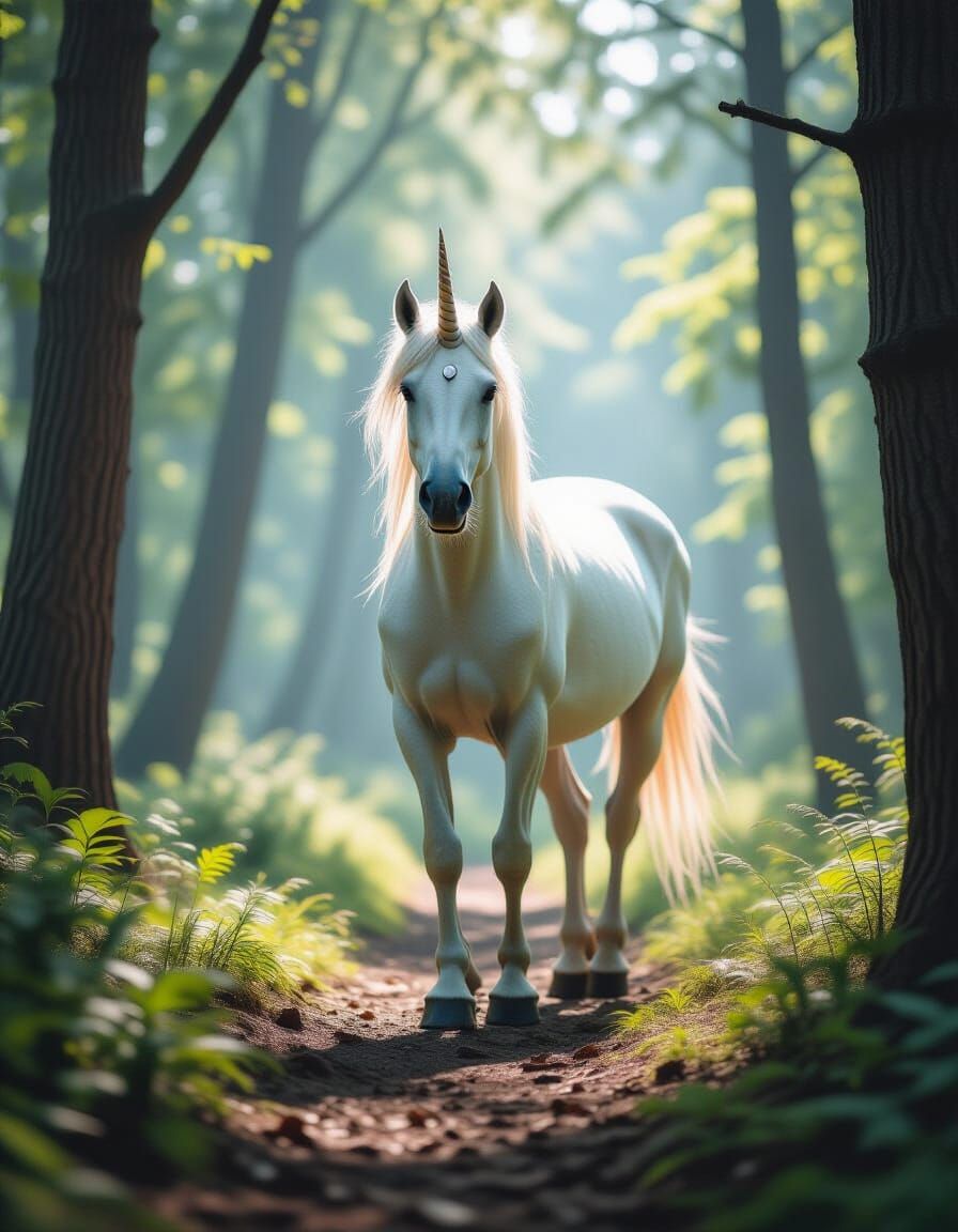 Unicorn Walking Through Magical Forest: Photorealistic Close...