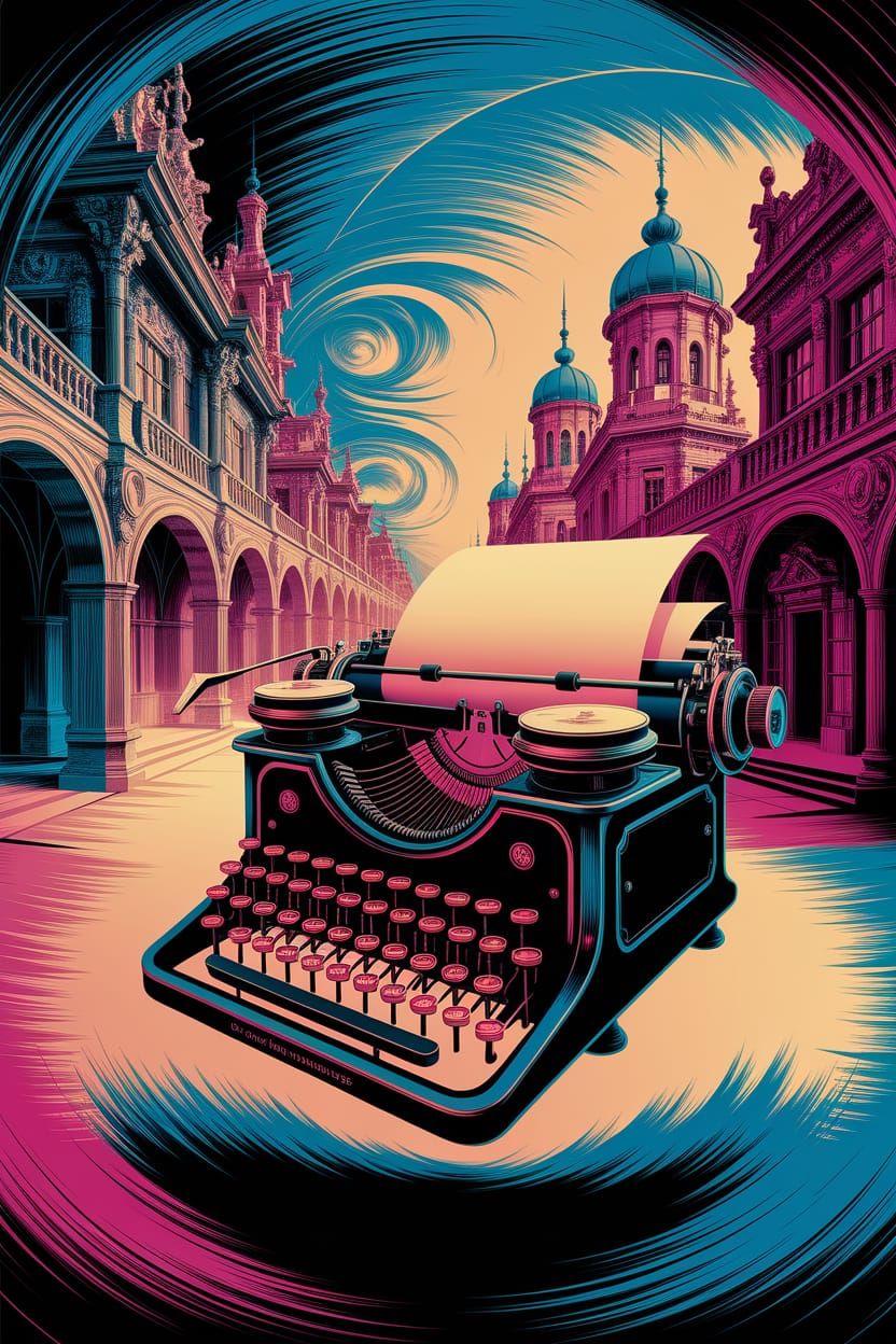 Enchanted Holographic Typewriter in Whimsical Architecture