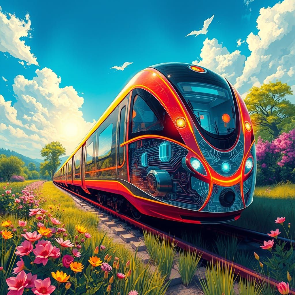 Cyberpunk Electric Train Speeds Through Vibrant Spring Lands...