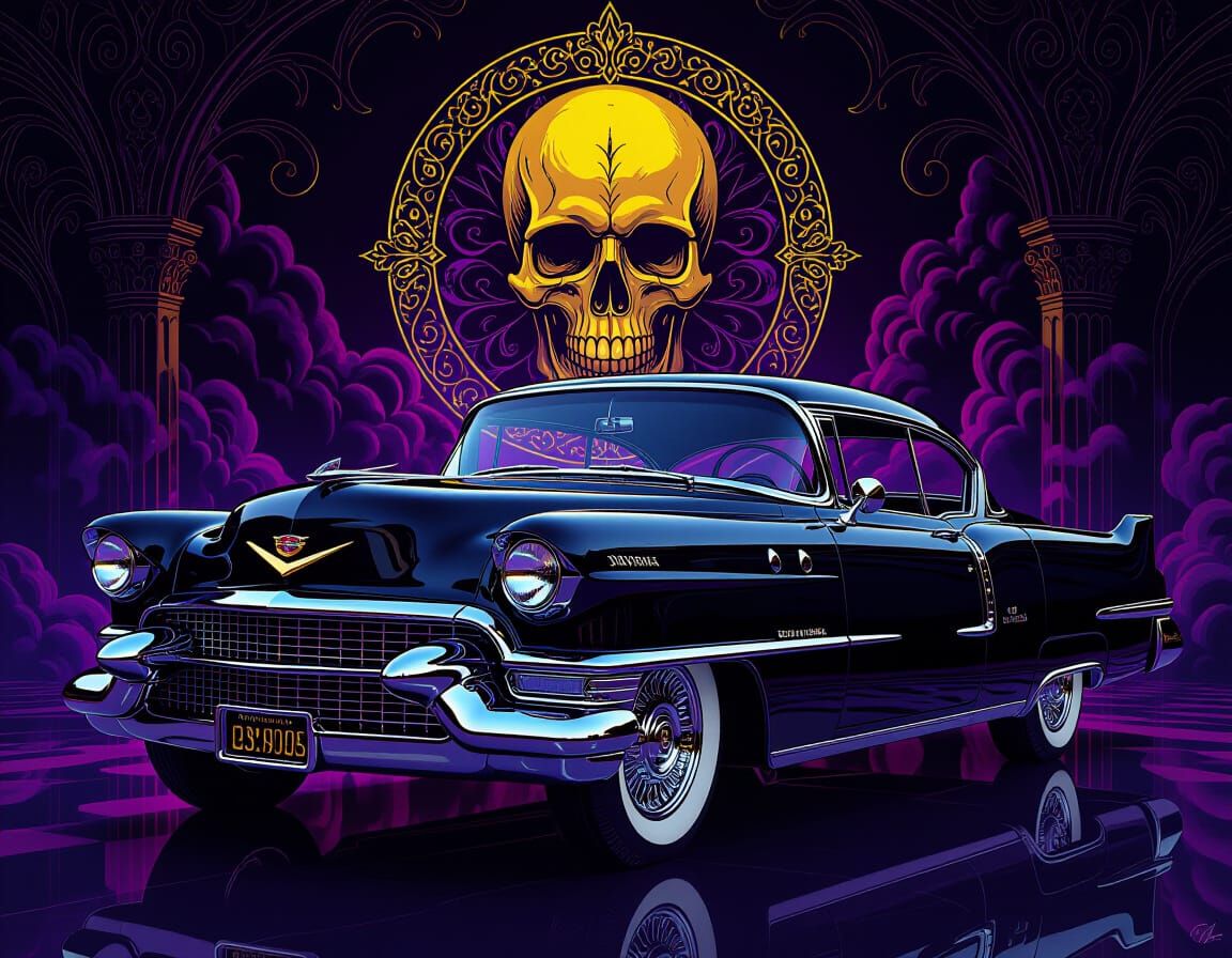 1950s Cadillac with Skull and Vampire Airbrush Art
