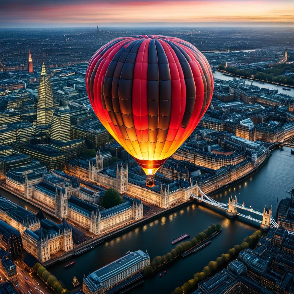 A hot air balloon in the shape of an elepahnt flying over London at dusk