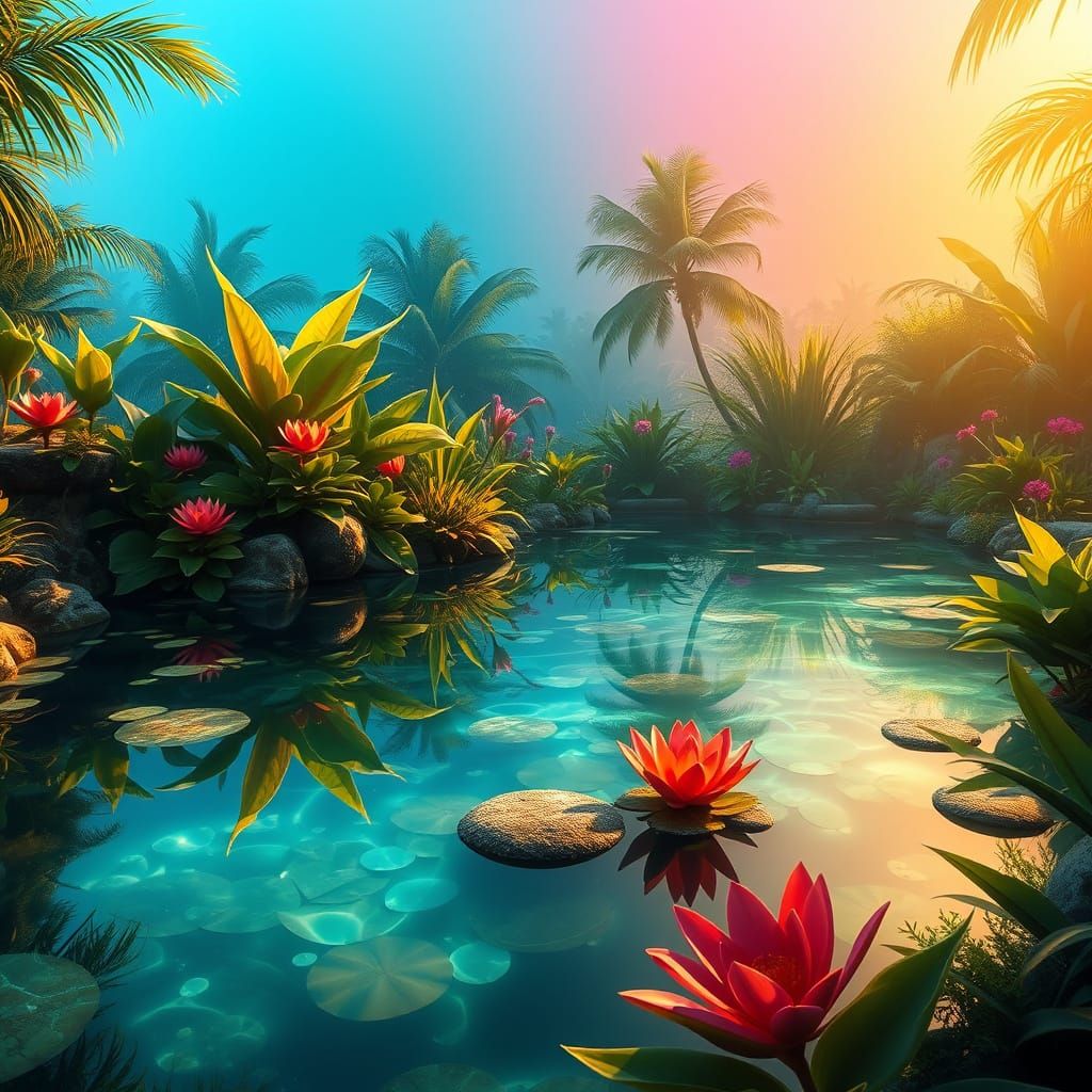 Vibrant Ponds in a Hyperrealistic Paradise