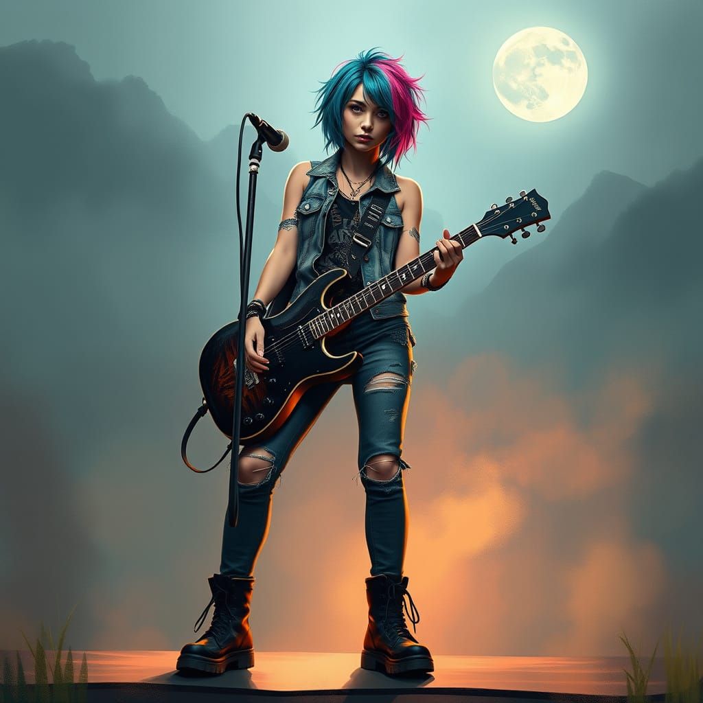 Punk Rocker Girl on Stage Under Moonlight