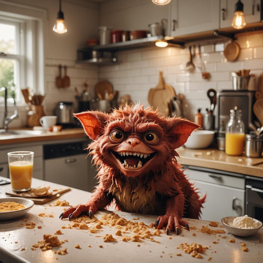 Mischievous Gremlin Creates Chaos in the Cozy Kitchen