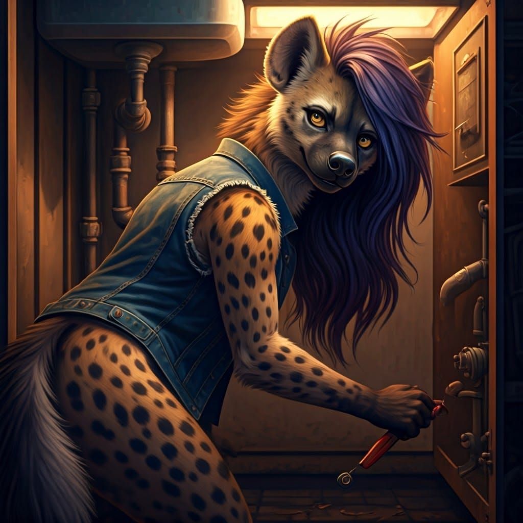 Anthropomorphic She-Hyena Plumber in Dramatic Lighting
