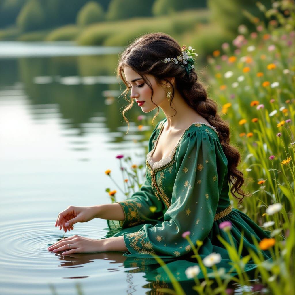 Medieval Woman in Emerald Dress by Lake