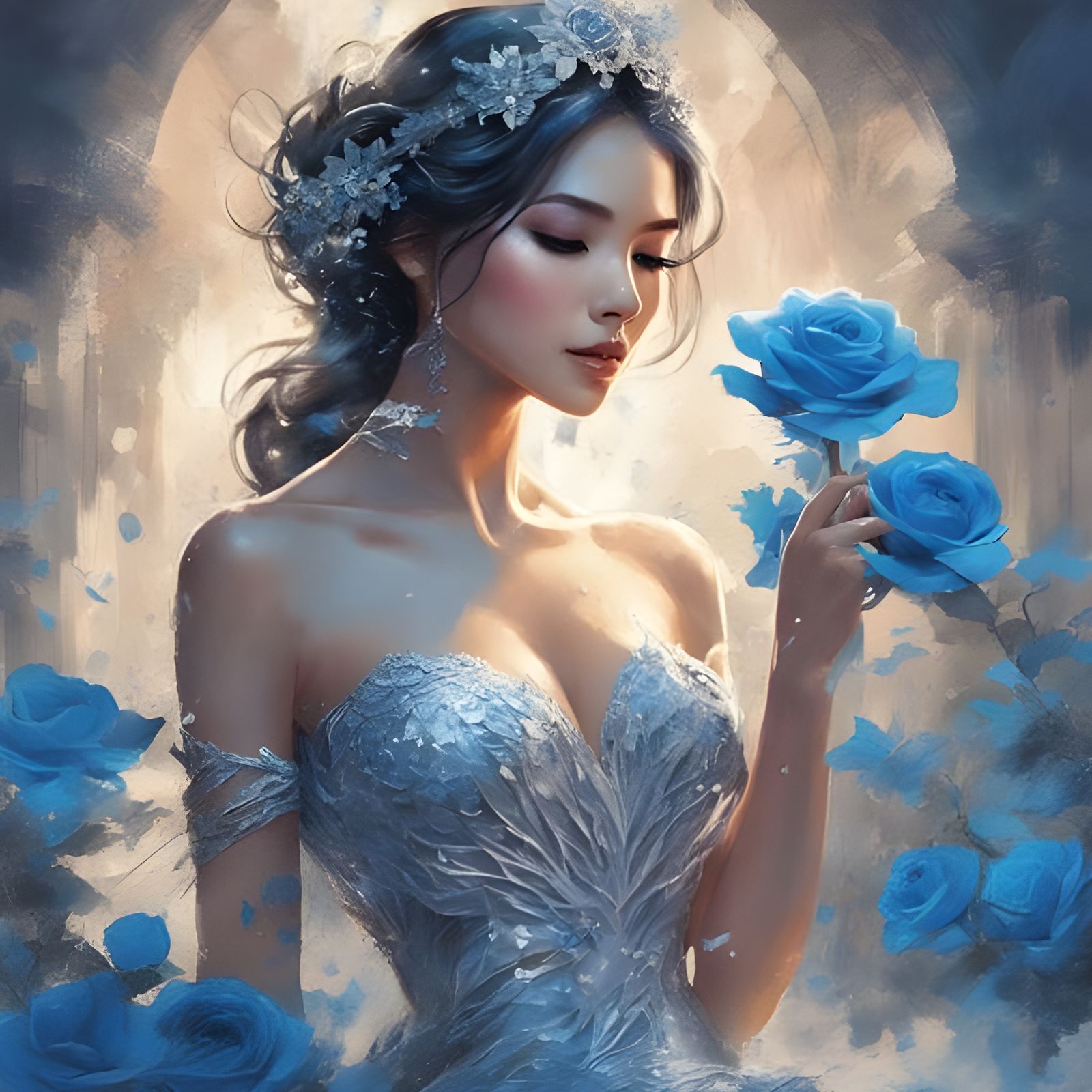 Beautiful Asian Bride Portrait with Silver Petals