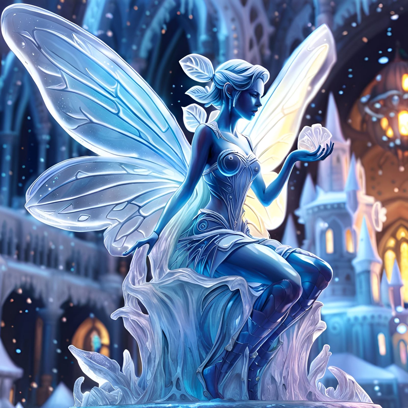 Intricate Ice Fairy Sculpture on Frozen Flower