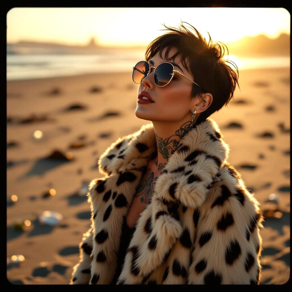 Woman in Fur Coat on Littered Beach, Golden Hour